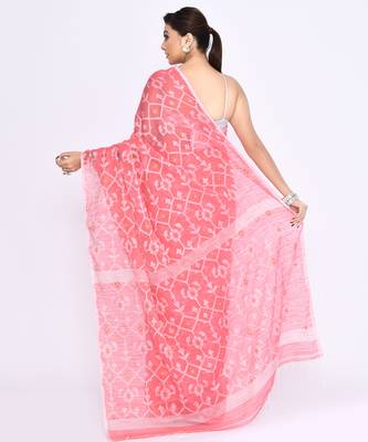 Women's salmon embellished cotton blend jamdani saree 3