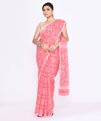 Women's salmon embellished cotton blend jamdani saree 4