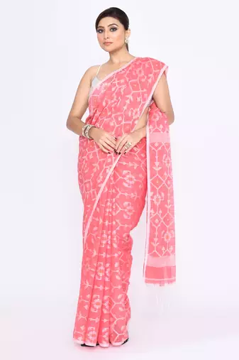 Women's salmon embellished cotton blend jamdani saree