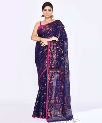 Women's blue embellished cotton blend jamdani saree 1