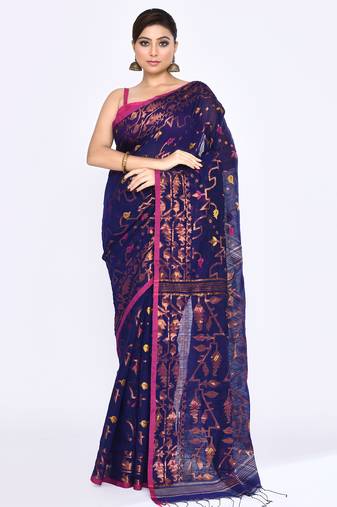 Women's blue embellished cotton blend jamdani saree