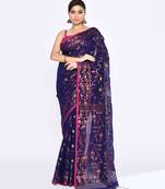 Women's blue embellished cotton blend jamdani saree