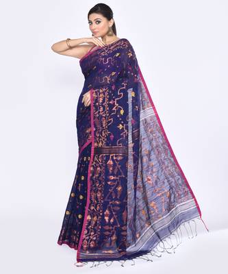 Women's blue embellished cotton blend jamdani saree 2
