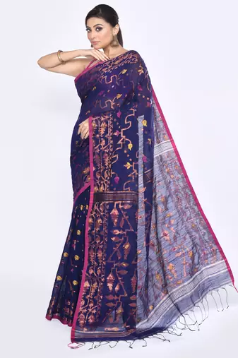 Women's blue embellished cotton blend jamdani saree