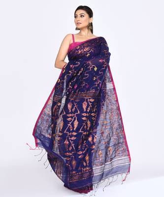 Women's blue embellished cotton blend jamdani saree 3