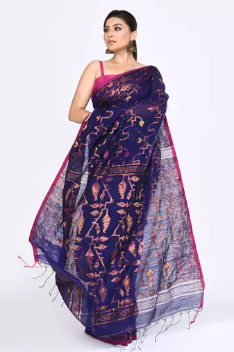 Women's blue embellished cotton blend jamdani saree