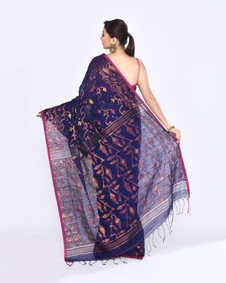 Women's blue embellished cotton blend jamdani saree 4