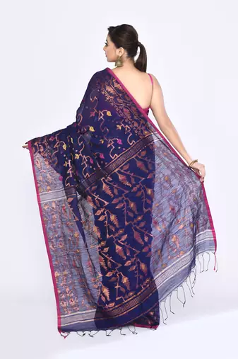 Women's blue embellished cotton blend jamdani saree