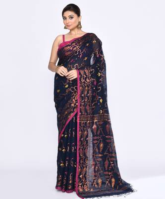Women's navy blue embellished cotton blend jamdani saree 1