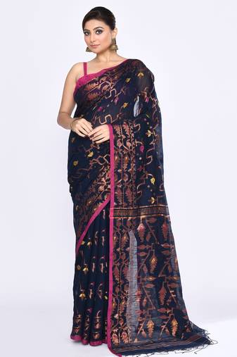 Women's navy blue embellished cotton blend jamdani saree