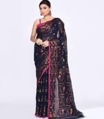 Women's navy blue embellished cotton blend jamdani saree