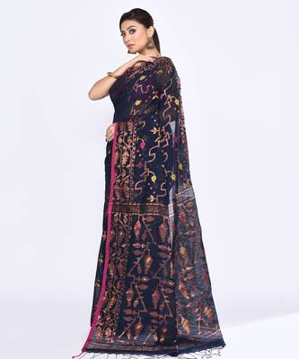 Women's navy blue embellished cotton blend jamdani saree 2