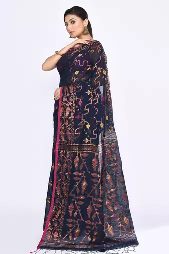 Women's navy blue embellished cotton blend jamdani saree