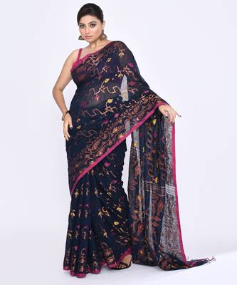 Women's navy blue embellished cotton blend jamdani saree 3