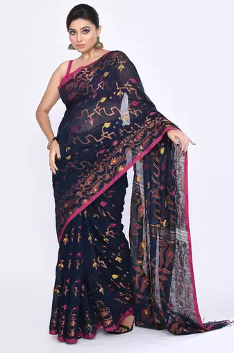 Women's navy blue embellished cotton blend jamdani saree