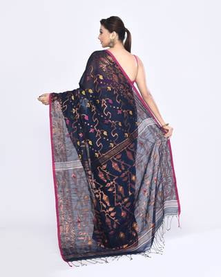Women's navy blue embellished cotton blend jamdani saree 4