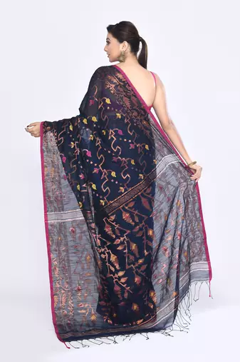 Women's navy blue embellished cotton blend jamdani saree