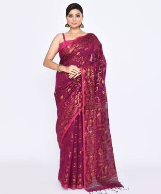 Women's pink embellished cotton blend jamdani saree 1
