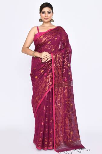 Women's pink embellished cotton blend jamdani saree
