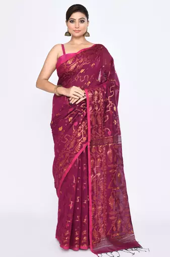 Women's pink embellished cotton blend jamdani saree