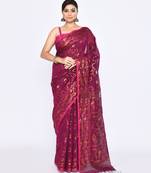 Women's pink embellished cotton blend jamdani saree