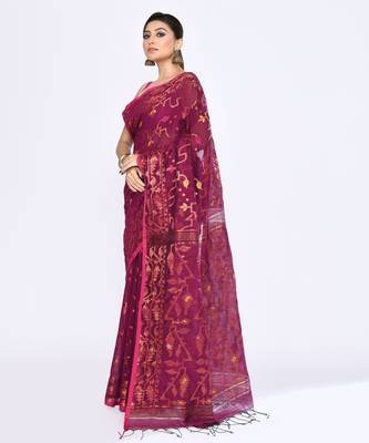 Women's pink embellished cotton blend jamdani saree 2