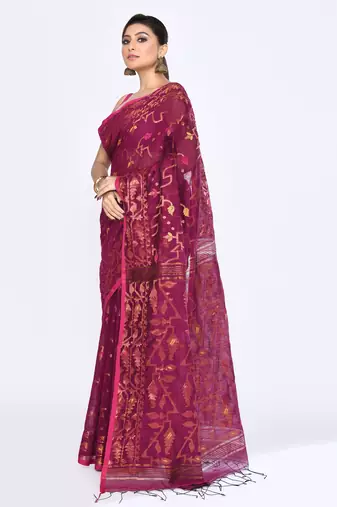 Women's pink embellished cotton blend jamdani saree