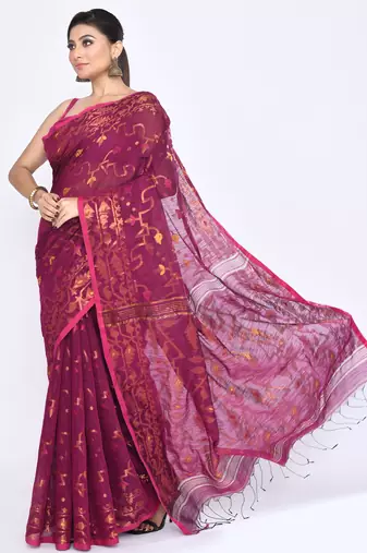 Women's pink embellished cotton blend jamdani saree