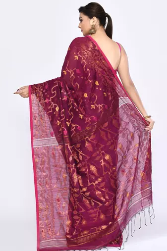 Women's pink embellished cotton blend jamdani saree