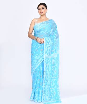 Women's turquise embellished cotton blend jamdani saree 1