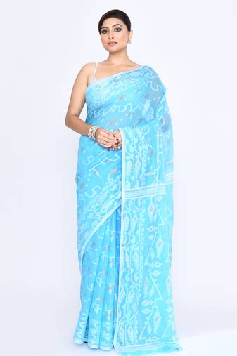 Women's turquise embellished cotton blend jamdani saree