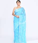 Women's turquise embellished cotton blend jamdani saree