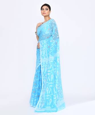 Women's turquise embellished cotton blend jamdani saree 2
