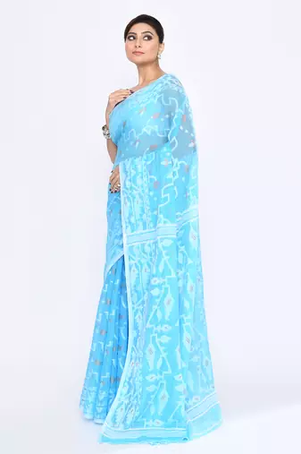 Women's turquise embellished cotton blend jamdani saree