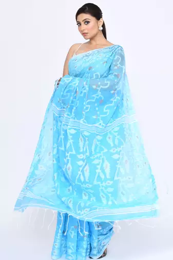 Women's turquise embellished cotton blend jamdani saree