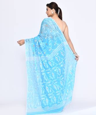 Women's turquise embellished cotton blend jamdani saree 4