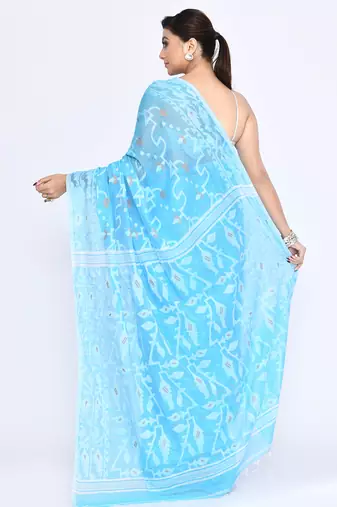 Women's turquise embellished cotton blend jamdani saree