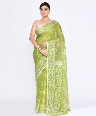 Women's moss green embellished cotton blend jamdani saree 1
