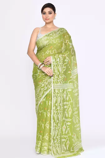 Women's moss green embellished cotton blend jamdani saree