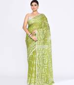 Women's moss green embellished cotton blend jamdani saree