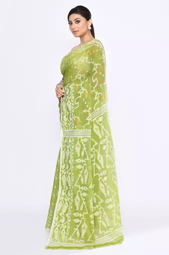 Women's moss green embellished cotton blend jamdani saree
