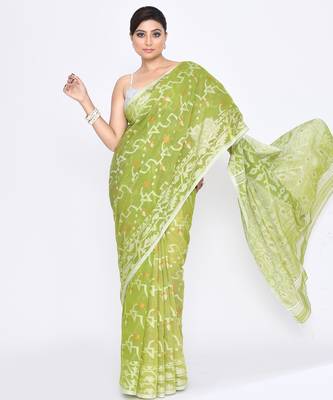 Women's moss green embellished cotton blend jamdani saree 3