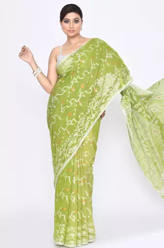 Women's moss green embellished cotton blend jamdani saree
