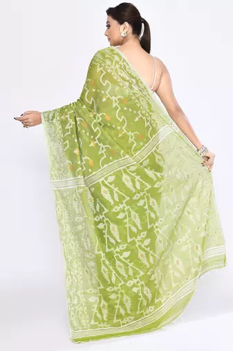 Women's moss green embellished cotton blend jamdani saree