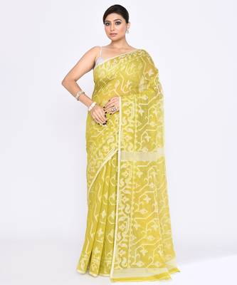 Women's straw embellished cotton blend jamdani saree 1