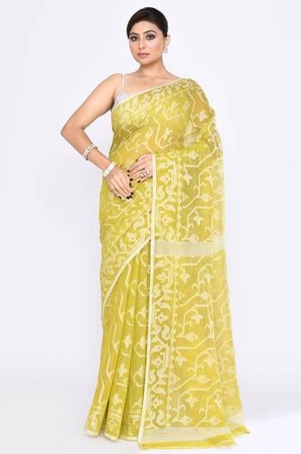 Women's straw embellished cotton blend jamdani saree