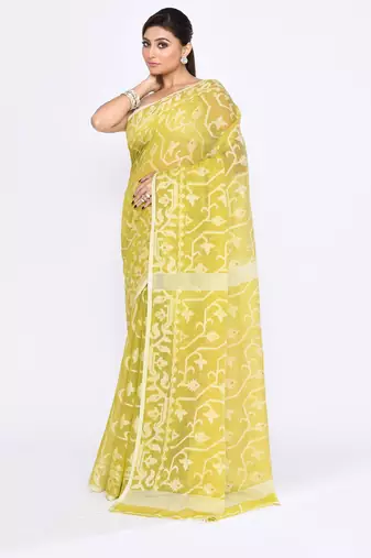 Women's straw embellished cotton blend jamdani saree