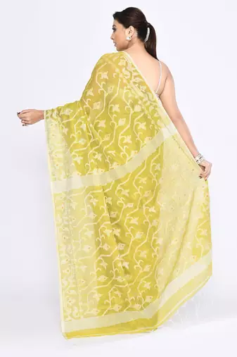 Women's straw embellished cotton blend jamdani saree