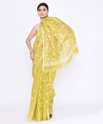 Women's straw embellished cotton blend jamdani saree 4
