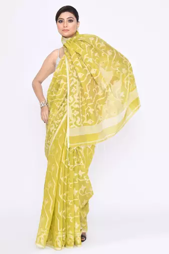 Women's straw embellished cotton blend jamdani saree